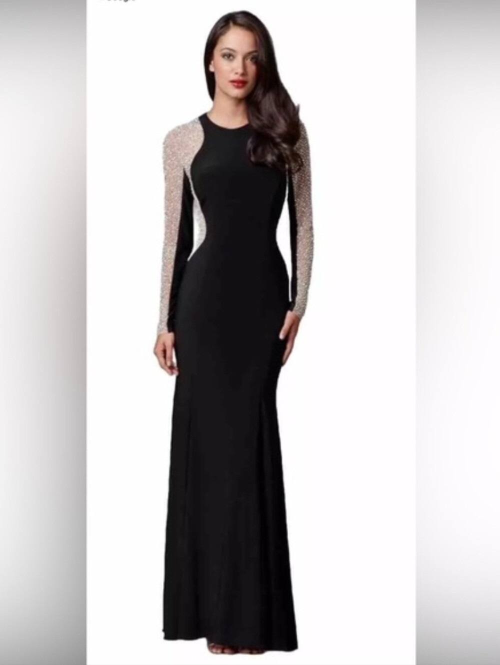 Black Long Sleeve Evening Gown with Embellished Sleeves